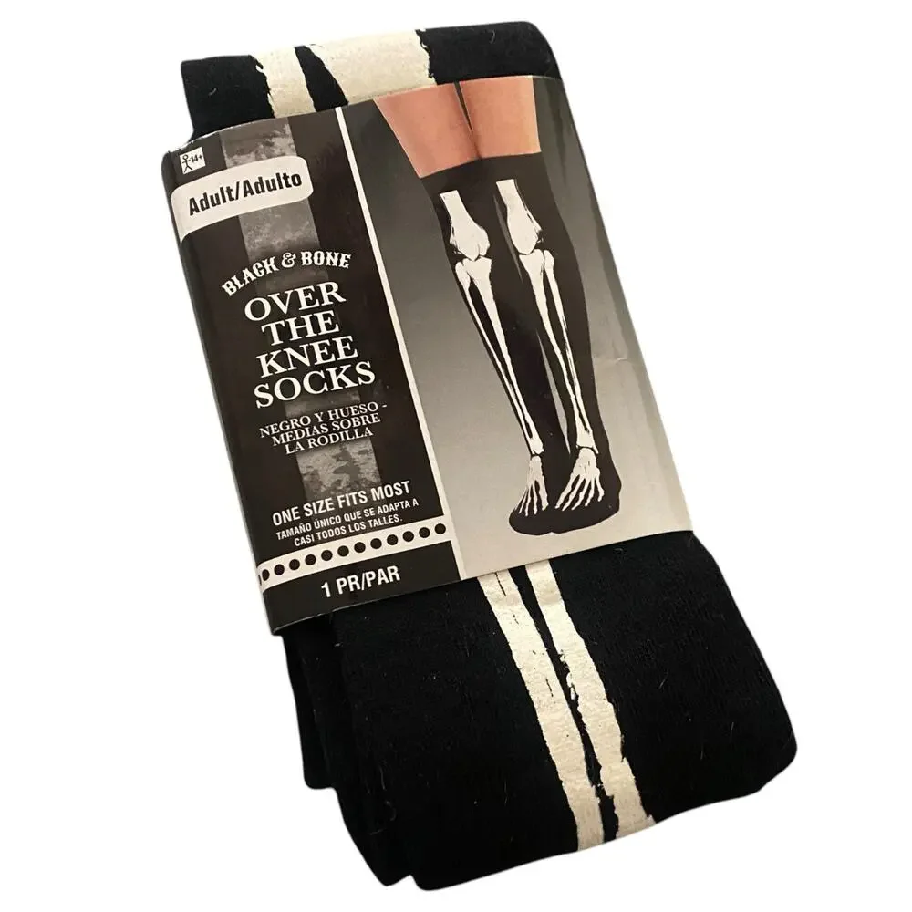 NWT One Size Fits Most Skeleton Black Over The Knee Socks Halloween Costume
